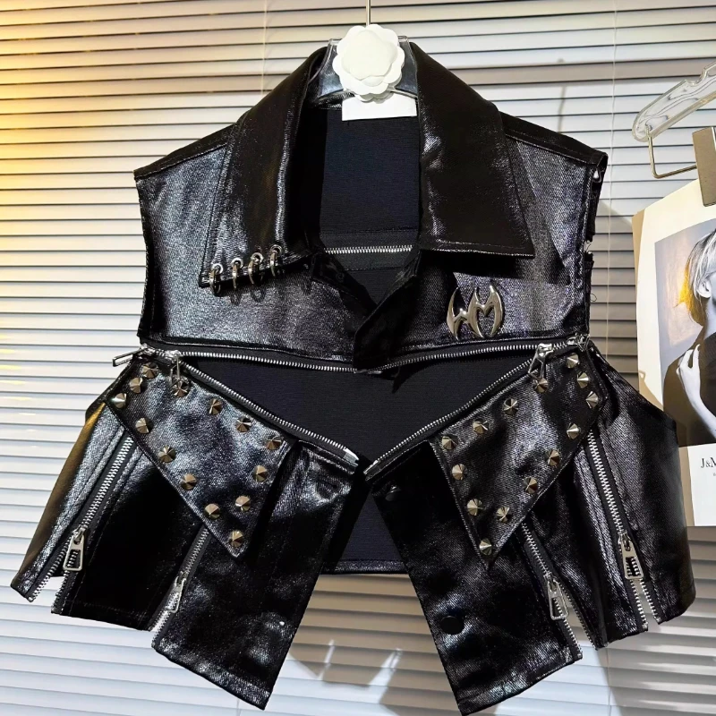 Original Design Dark Punk Style Sweet Cool Women's Short Jacket 2025 Autumn New Rivet Multi-Zipper PU Leather Waistcoat Ladies