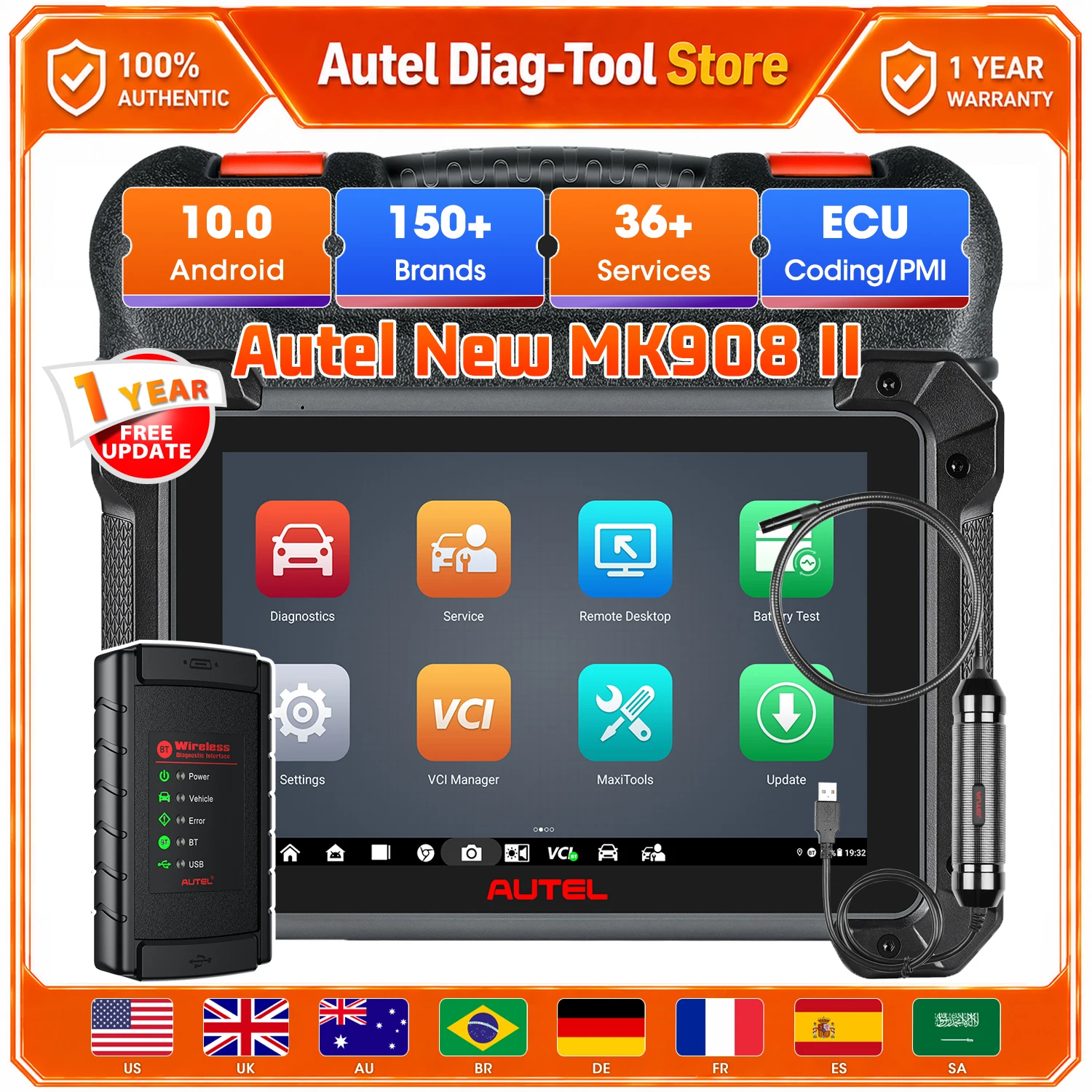 Autel MaxiCOM MK908 II With/MV108S Automotive Diagnostic Tools ECU Coding Bi-directional Control 36+Services VAG Guided AutoScan
