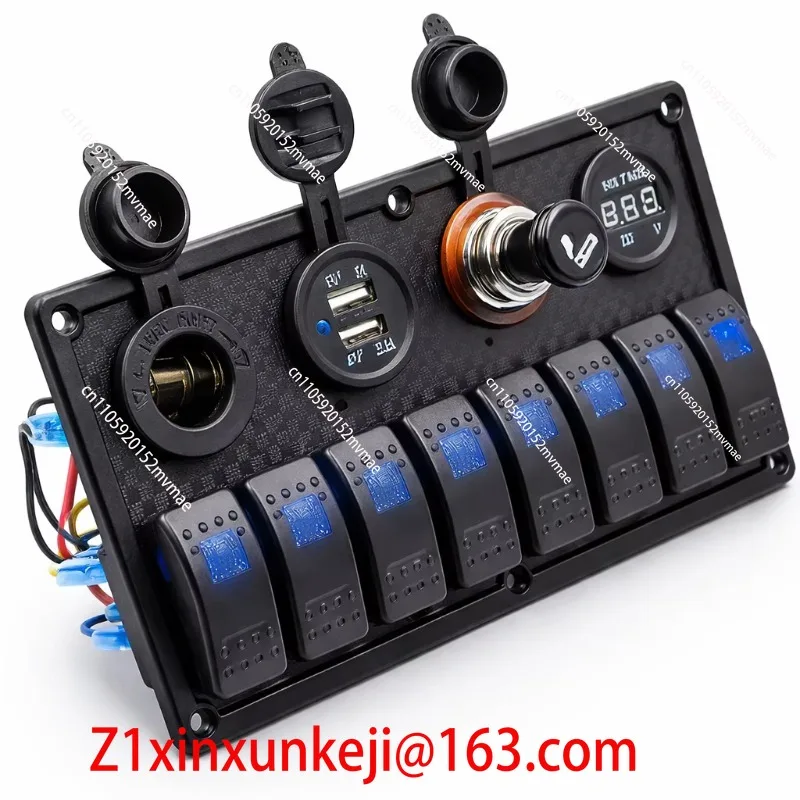 12/24V Marine 8-Position Switch Panel, Waterproof Marine Rocker, with Digital Voltmeter, Dual USB Charger 3.1A for RV Yachts