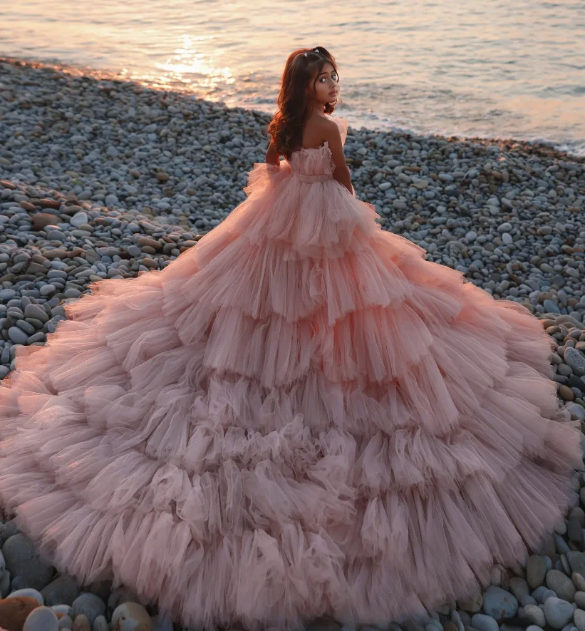 

High-Low Flower Girl Dresses For Beach Wedding Strapless Long Train Party Pageant Dresses Princess Birthday Photoshoot