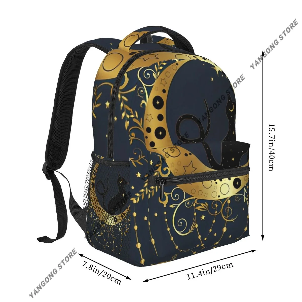 Mystical Black Cat Celestial Crescent Moon Triple Backpack For Student School Bags Unisex Laptop backpack Travel Shoulder Bag