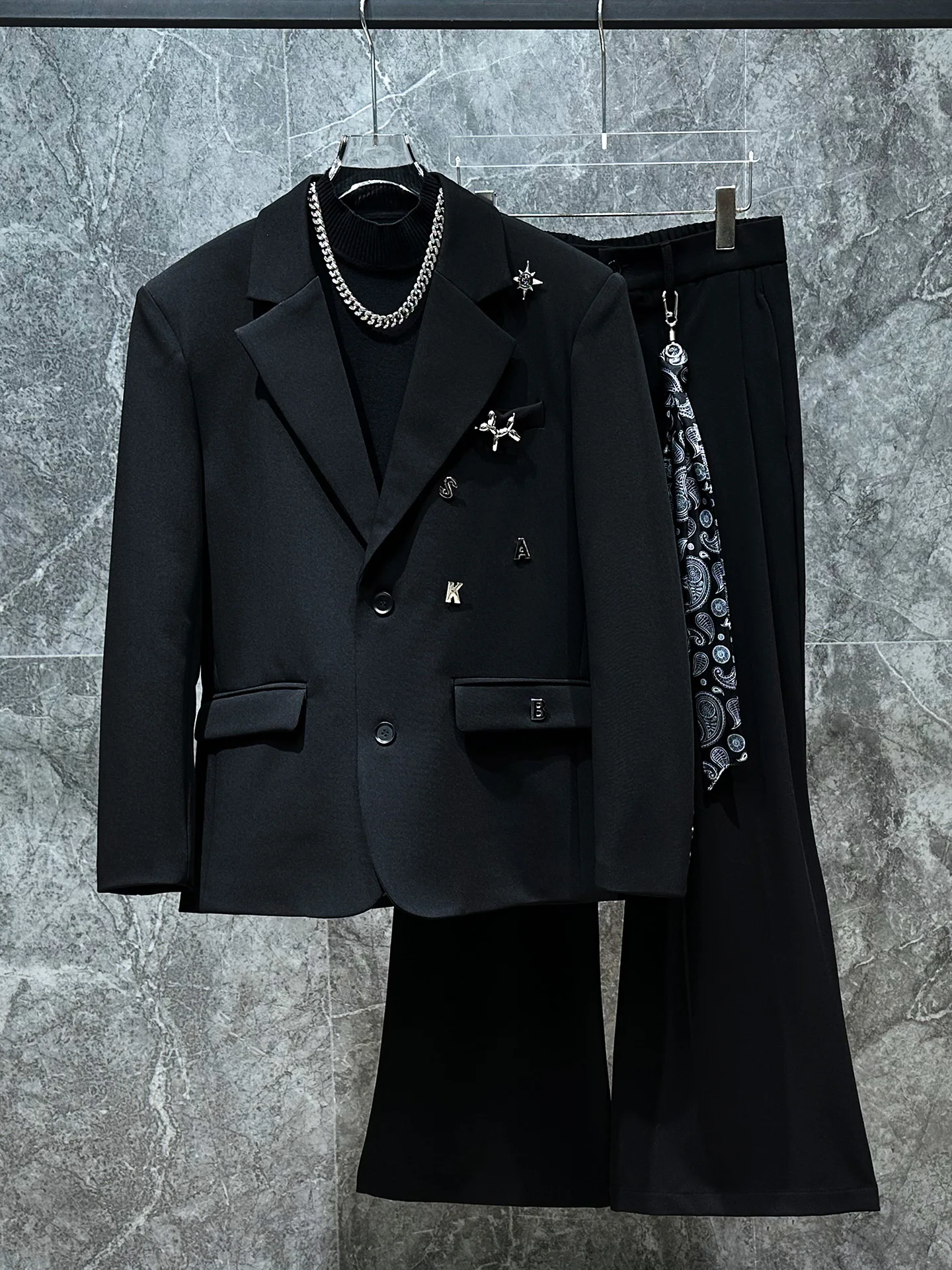 

Sli Youth Metal oulder Pad Two-Piece Suit Casual Trendy Men's Ensemble Spring Autumn Loose Fit Pure Color Brisk Faion