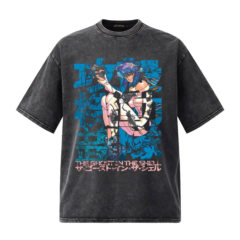 

Washed Vintage Anime Ghost in The Shell T-shirt 90s Manga Kusanagi Motoko T-shirts Men Women Y2k Retro Cartoon Oversized T Shirt