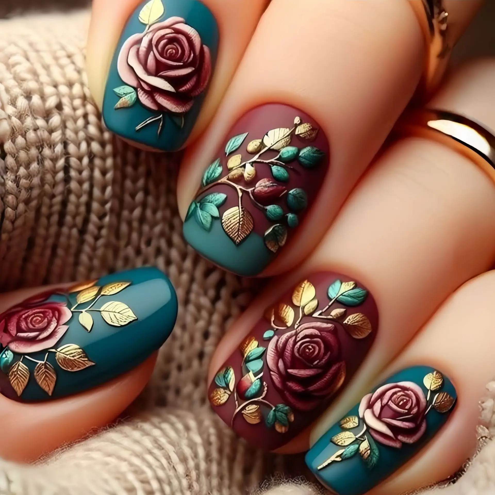 Mittellange künstliche Nägel für Frauen, goldene Verzierungen, Rosenblüten, blau, rot, quadratisch, Ballett, vollständige Abdeckung, Nagelspitzen zum Aufkleben, falsche Nagelkunst