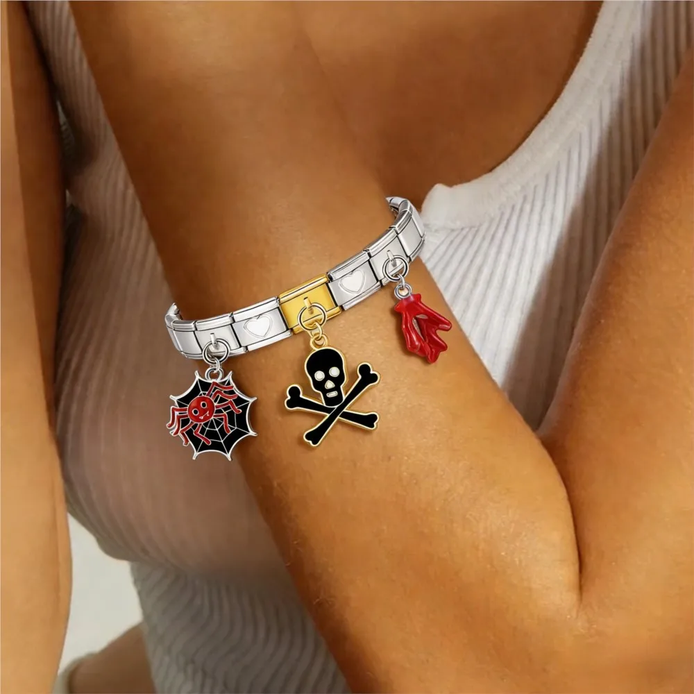 Stainless Steel Colorful Bracelet DIY 9mm Italian Pendant Link Charm Ghost Pumpkin Lantern Trick Or Treat Jewelry