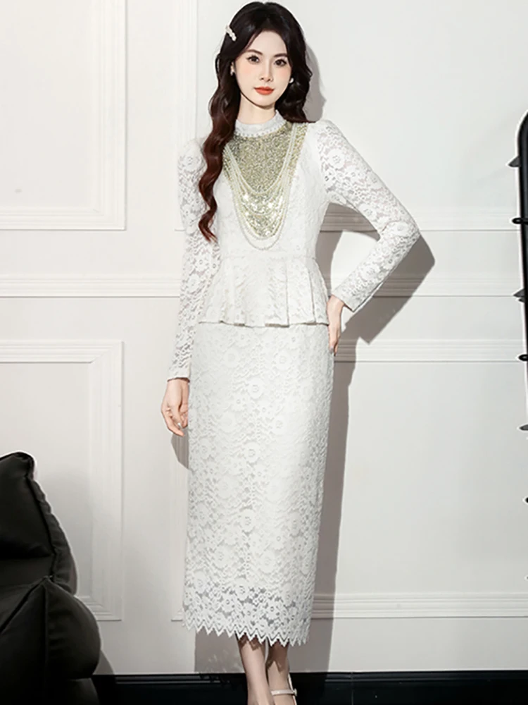 

Women Korean Vintage Luxury Festival Dress Autumn Winter Lace Jacquard Ruffled Dress 2025 Elegant Chic Diamonds Bodycon Dresses