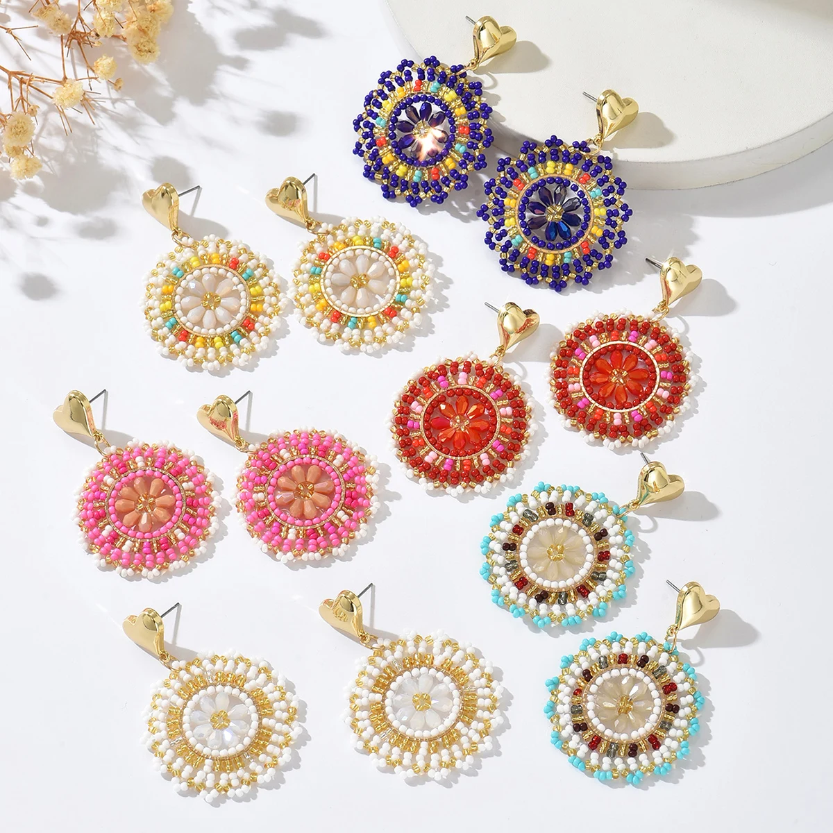 

Bohemian Style Heart Sunflower Handmade Beaded Vintage Unique Design Sweet Elegant Earrings Jewelry