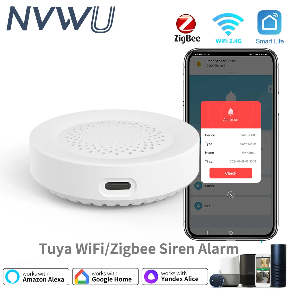 Tuya Zigbee WiFi Siren Alarm For Smart Home Security 100db Speaker Works With Alexa Yandex Alice Require Tuya Zigbee Hub.