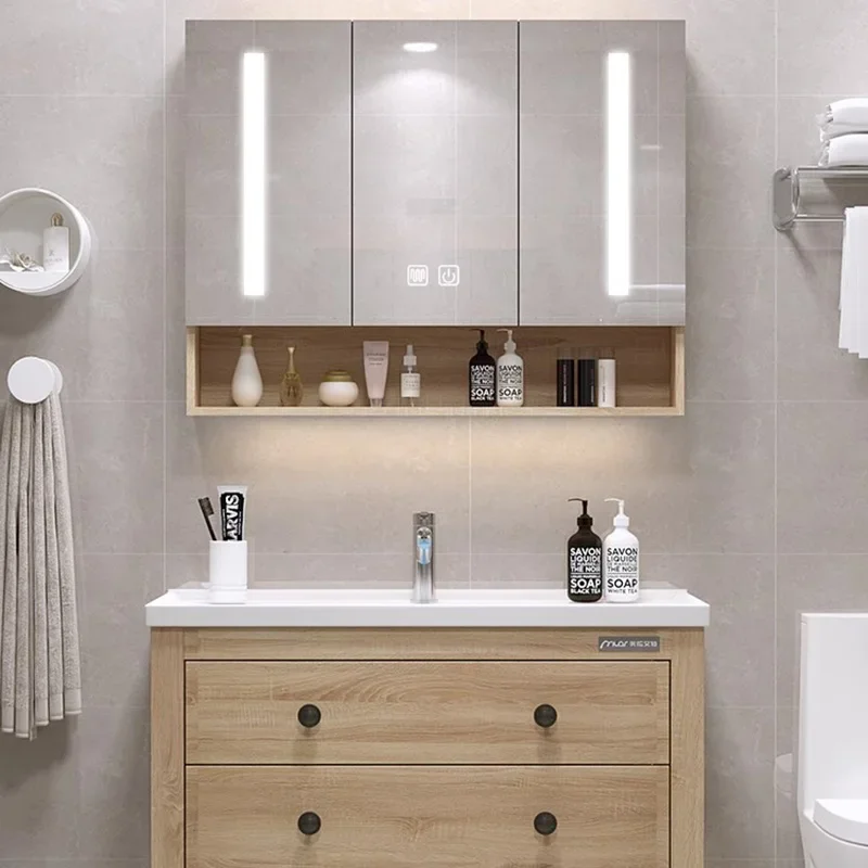 Armarios de baño con espejo de exhibición, mueble de pared blanco para baño, tocador de inodoro, muebles para el hogar