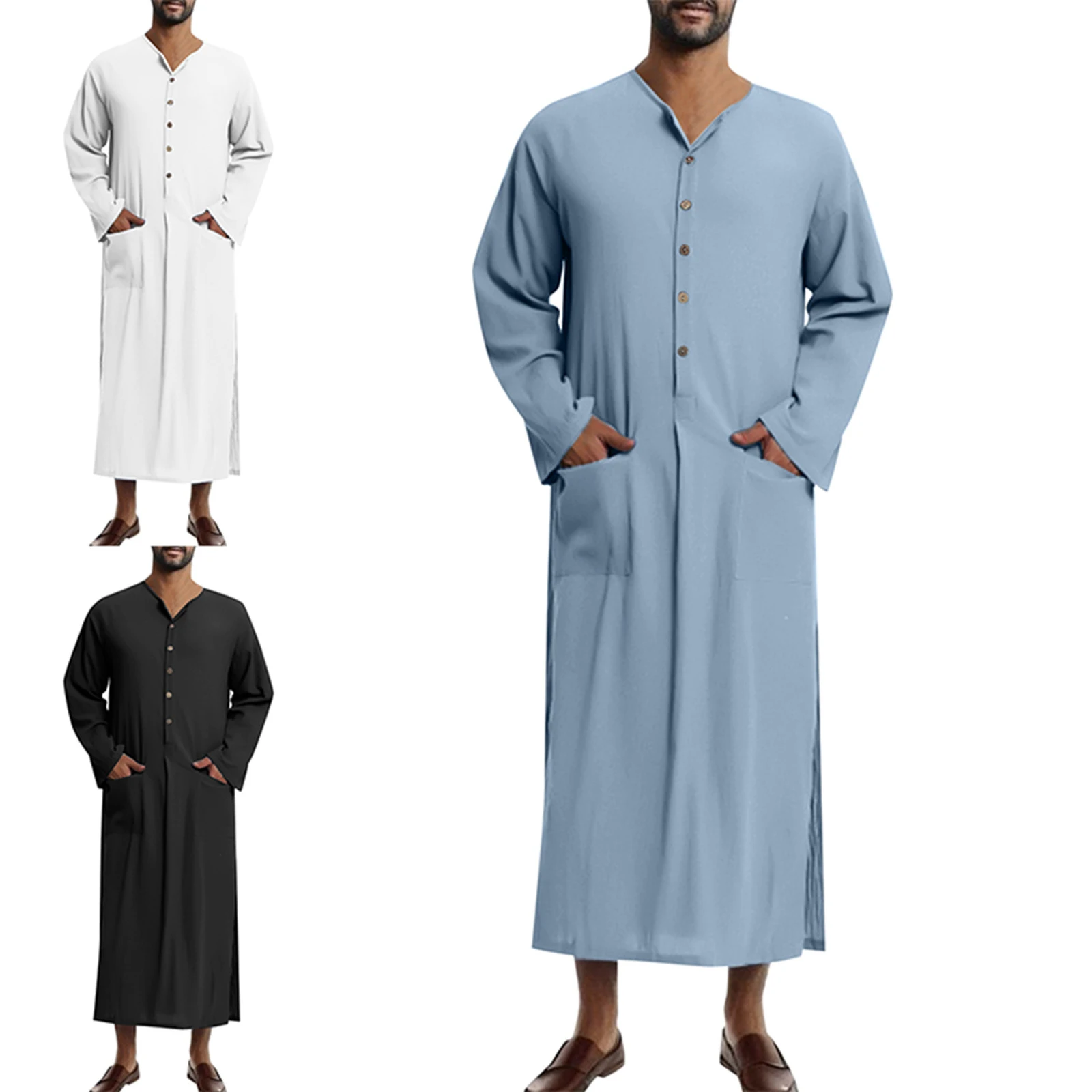 

Men's Long Sleeve Cotton Robe Muslim Jubba Thobe Solid Button Kimono Saudi Musulman Tunic Shirt Islamic Arabic Kaftan Male Abaya