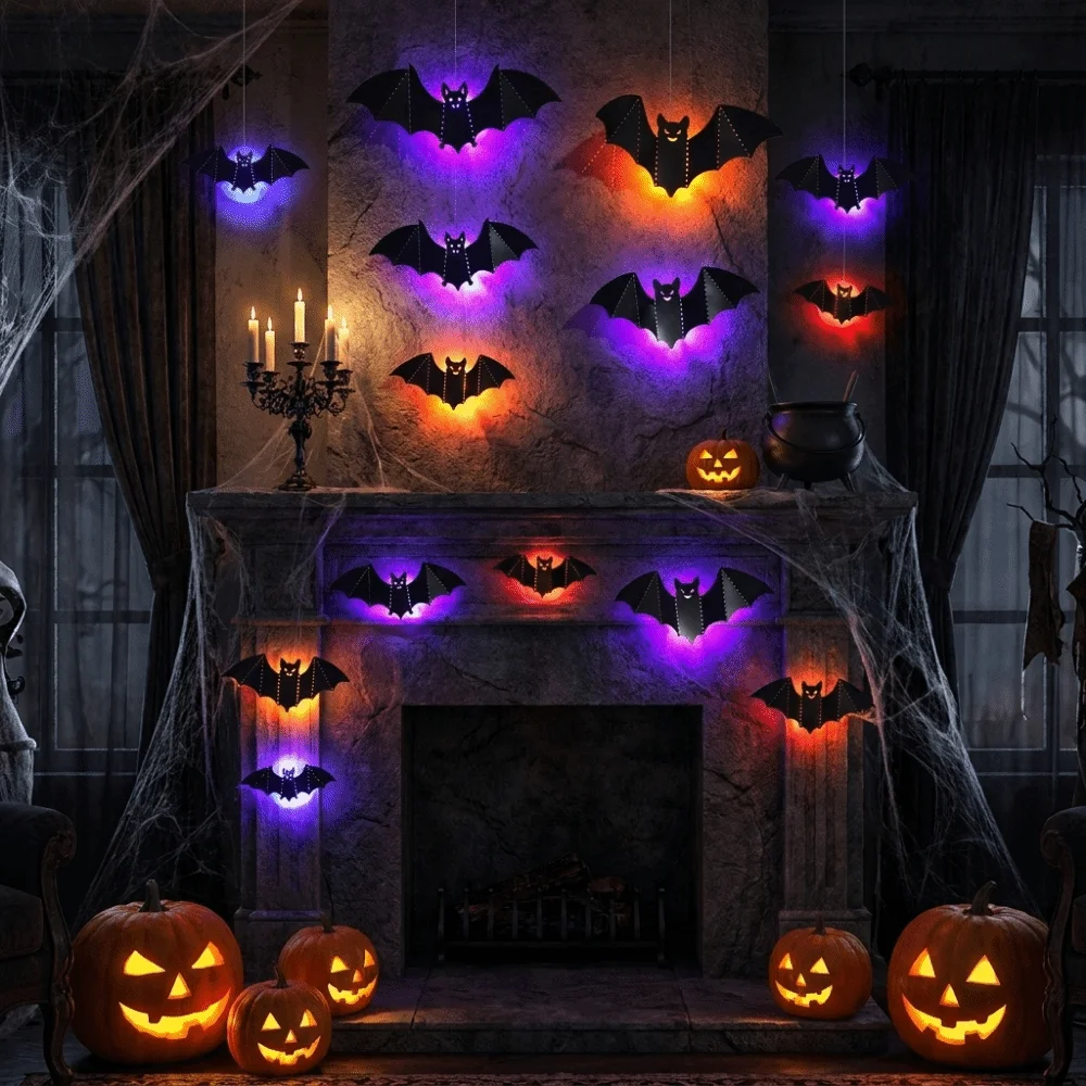 8Pcs 3D Luminous Bats Bat Wall Sticker Stereoscopic PET Material Bat Night Light Self-Adhesive Halloween Wall Decal