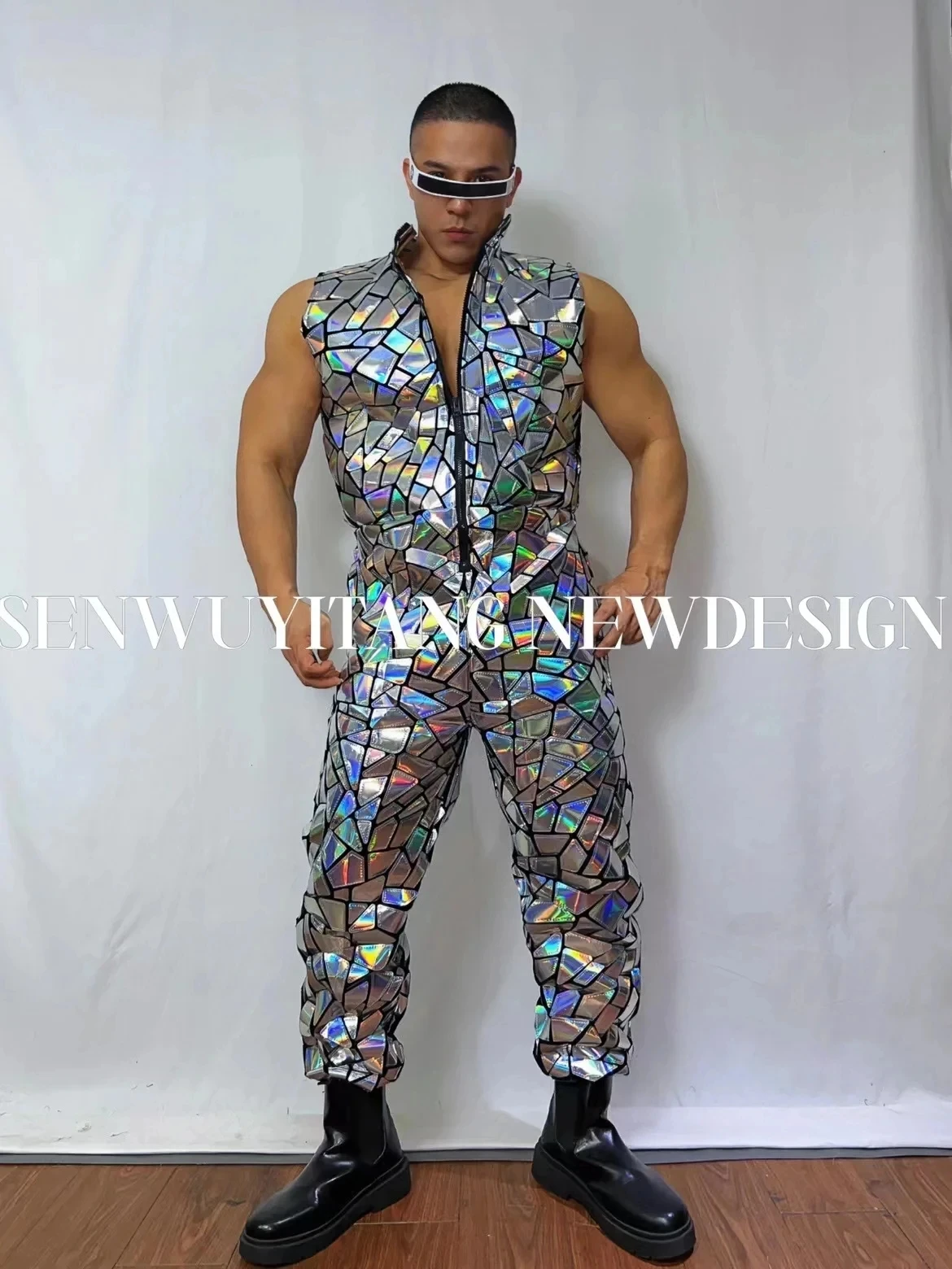 

Fantasy Laser Sequins Sleeveless Jumpsuit Men Hip Hop Jazz Dance Costume Nightclub Bar Overalls Performance Costume Size S-XXL