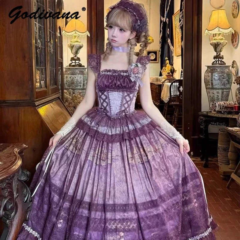 

Retro Cla Sweet Long Dress New Summer Women Girls Slim-Fit Corset Fishbone Tube Top Long Skirt 2-piece Set Lolita Skirt Suits