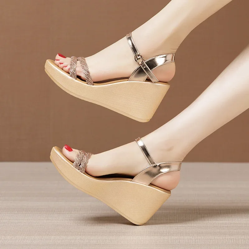 Small Size 32-43 Bling Silver Gold Wedding Shoes Women High Heels Summer 2024 Elegant Platform Sandals Wedges for Office Party