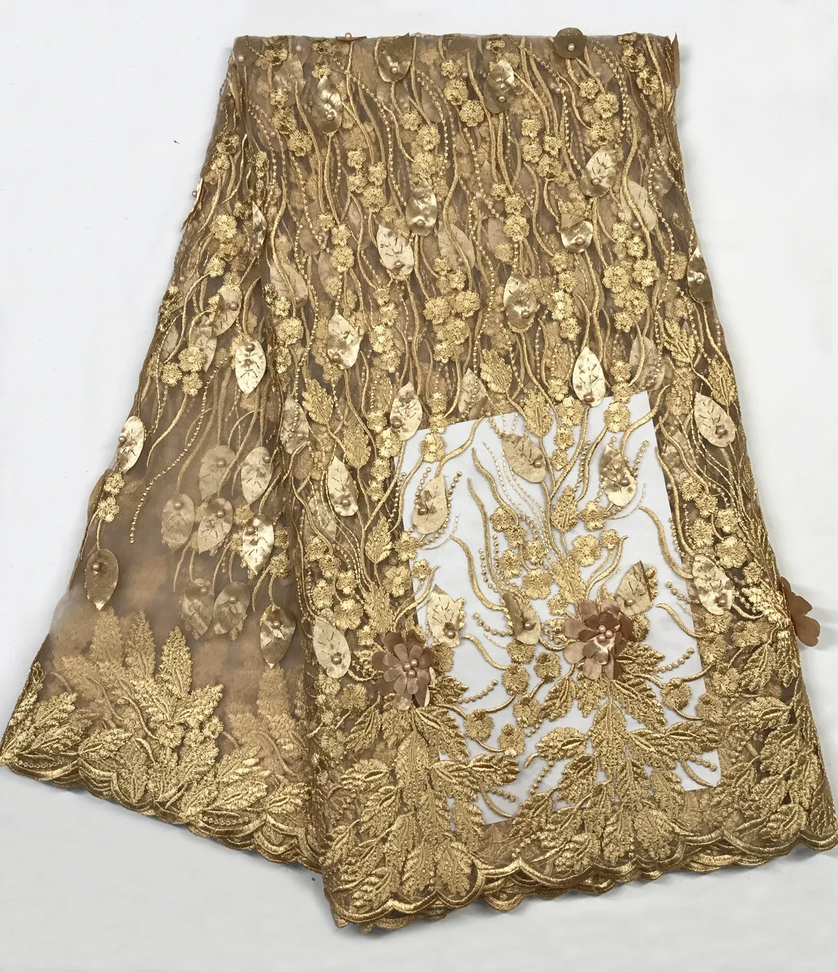 

Gold African French Lace Fabric High Quality African Tulle Lace Fabric for Wedding Beaded French Lace Fabric ALC-WD005
