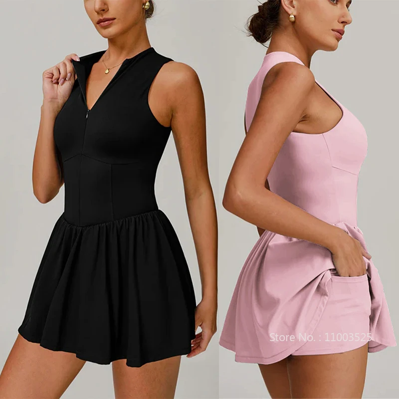 Women Golf Badminton Tennis Dress Zipper Collar Sleeveless Sport Dress Retro Yoga Fitness Skirts Leisure Skorts with Inner Short