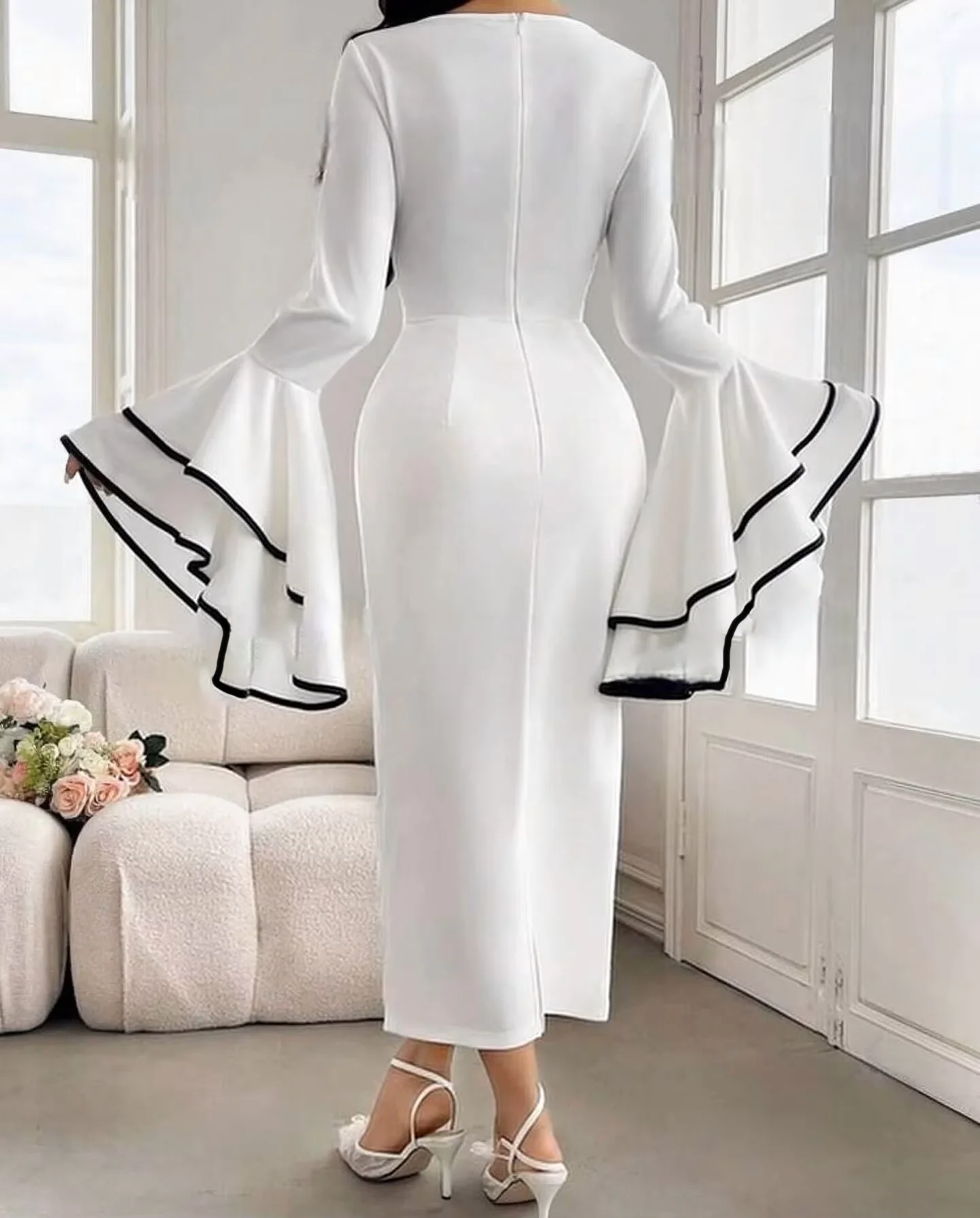 Abiti da sera personalizzati con maniche svasate in jersey di alta qualità Abito da ballo moderno con maniche lunghe con scollo a V Festa su misura D