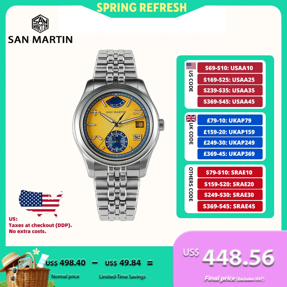 

San Martin 39mm 9132 Chinese Characters Dial Men Watch Mechanical Elegant Bubble Sapphire 5-Link Bracelet BGW-X1 SN0144DG