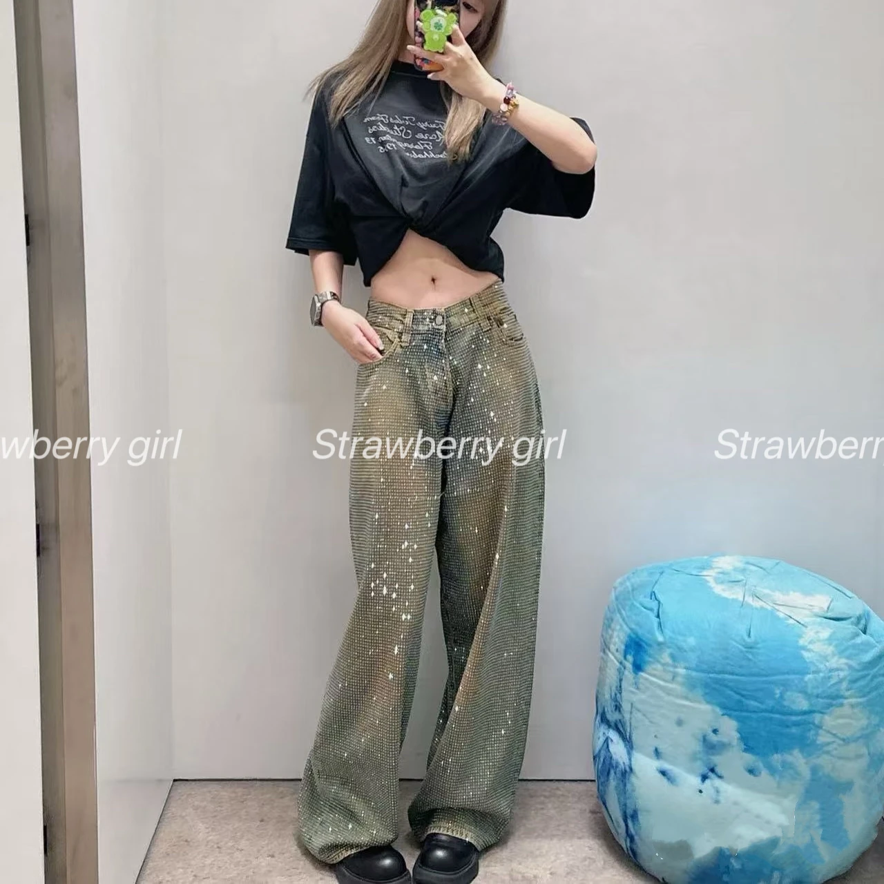 

Джинсы с прямыми штанинами 2025, потертые, с цельнокрошечными хрустальными стразами — унисекс, ультра блестящие