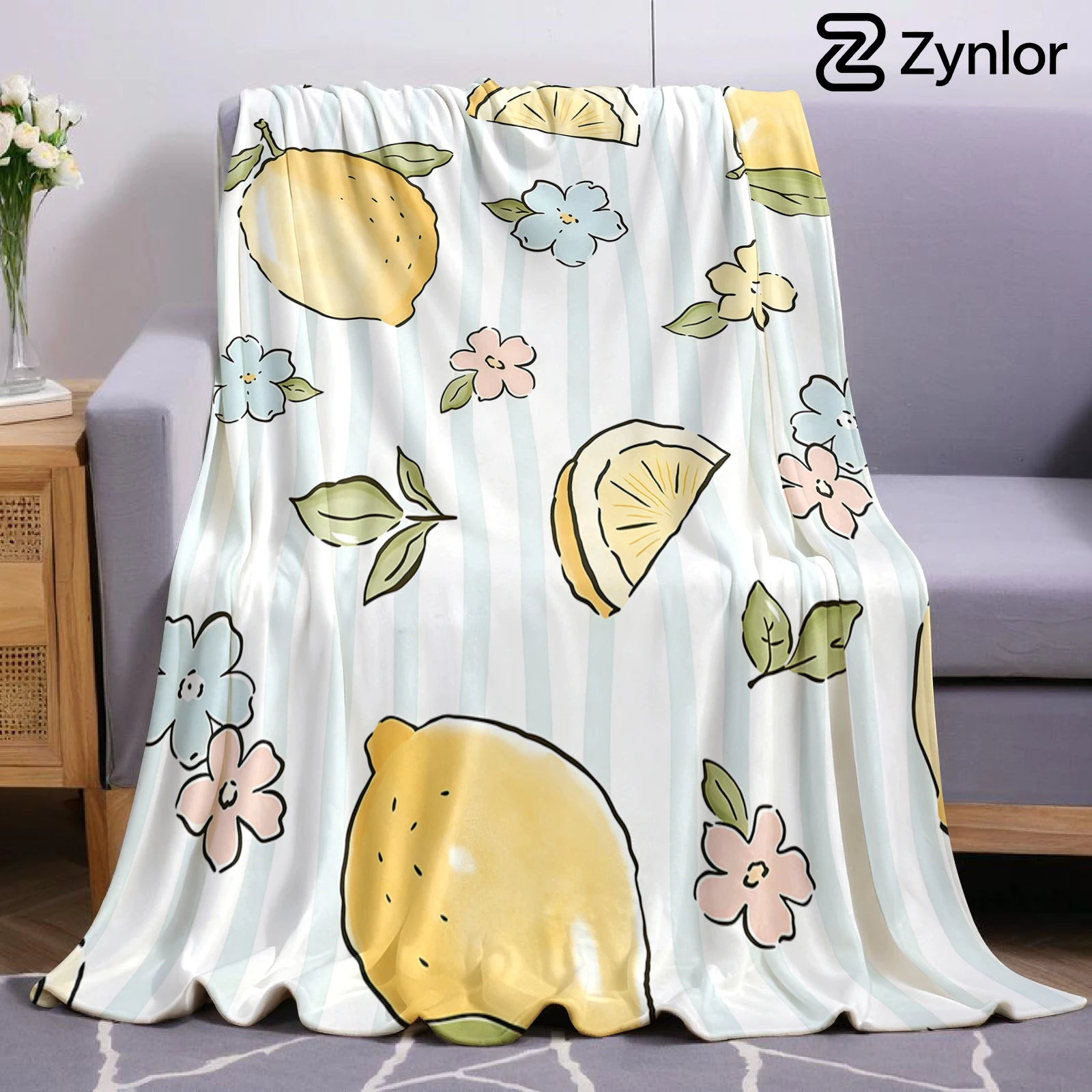 Striped Lemon Floral Ultra Soft Sherpa Fleece Blanket Fluffy Warm Halloween Cozy Throw for Sofa Couch Bedroom Gift All season