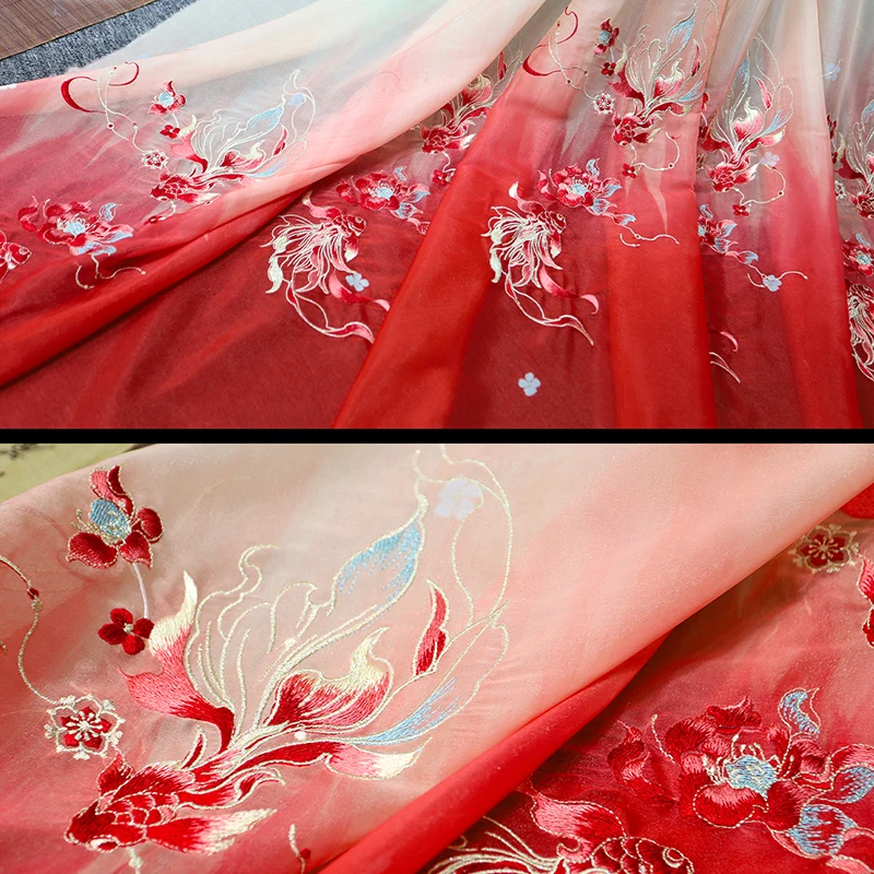 100*150cm Koi Lotus Embroidery Fabric For Sewing Ancient Hanfu Dress Horse Face Skirts Stage Costume Chinese Designer Fabric