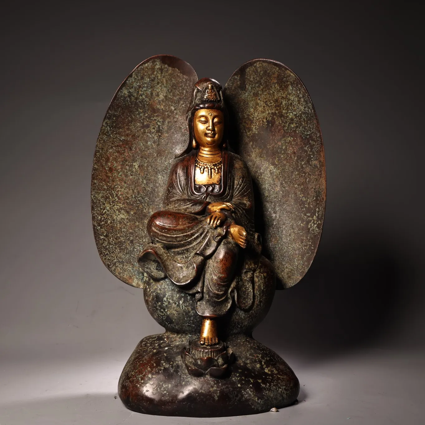 

16"Old Purple Bronze Gilded High Relief Angel wing Backlight Guanyin Bodhisattva Sitting Buddha Amitabha Buddha Worship Hall