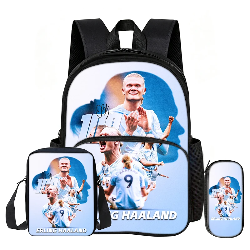 3Pcs set with Front Pocket Backpack Haaland Learn, Travel Football Star Shoulder Bags, Pencil Bag, Sport School Bags