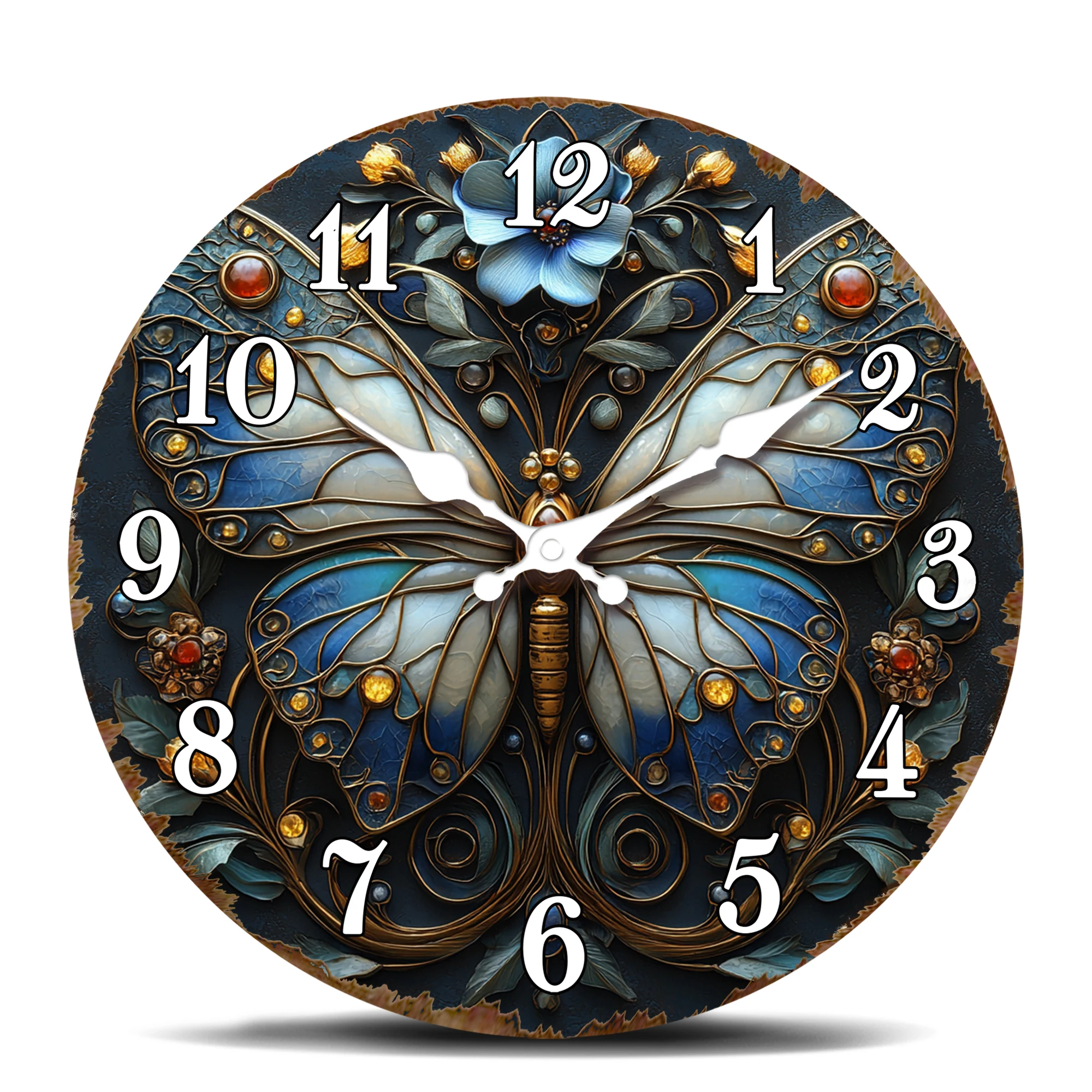 Künstlerische runde Wanduhr mit blauem Schmetterling und Edelstein-Akzenten, elegante dekorative geräuschlose Quarzuhr, kompliziertes Insekten-Design, analog