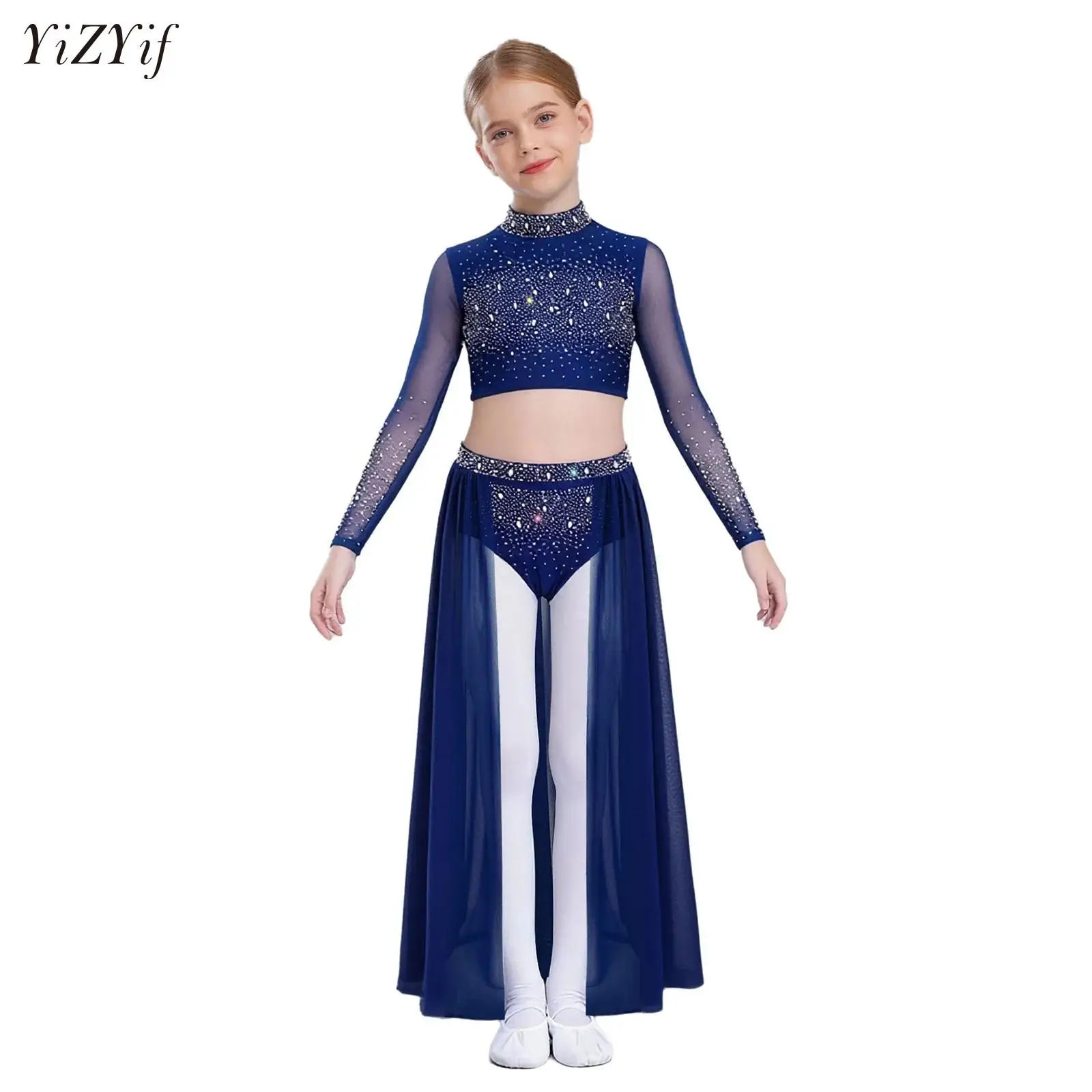 

Girls Ballet Figure Skating Costume Rhinestones Crop Top+Skirt Praise Modern Dancewear Belly Lyrical Dance Performance Outfits
