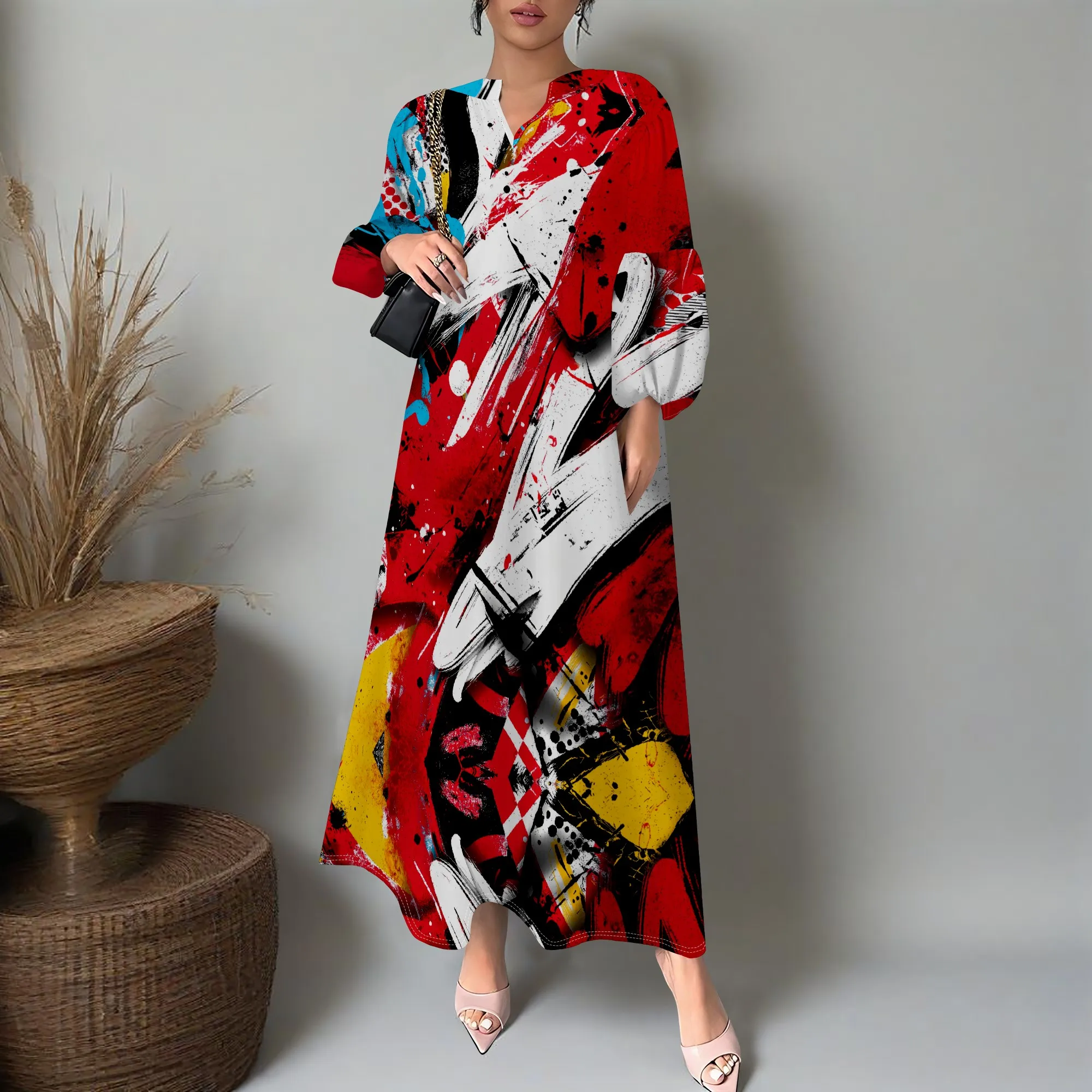 

Graffiti Print Maxi Dress XS‑3XL Long Sleeve Loose Fit Shirt Style for Art Festival, Streetwear or Creative Gallery Look