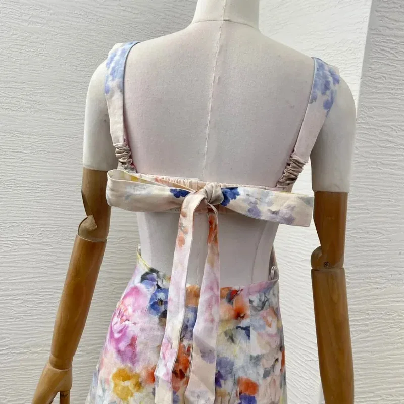 فستان ميدي للعطلات للسيدات موديل 2025 على طراز الشاطئ بدون أكمام وخصر خلفي بدون حمالات