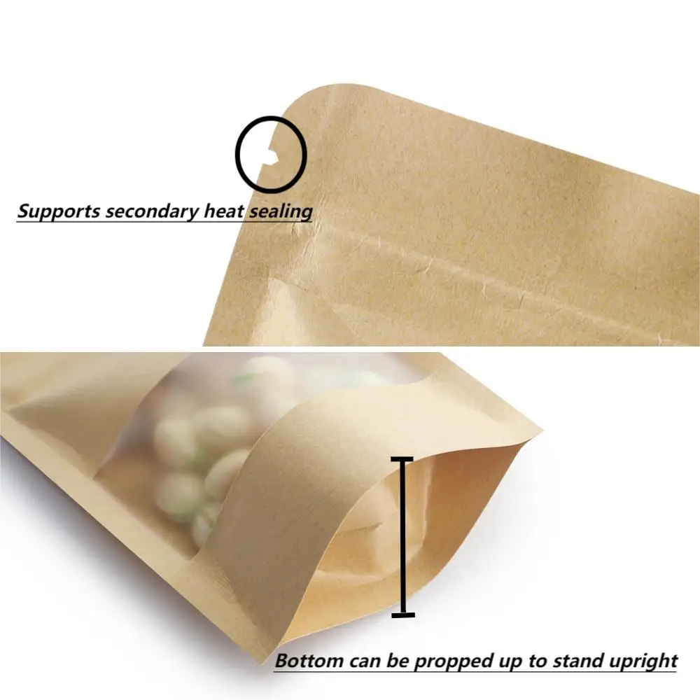 100 pcs kraft matte visible window stand-up pouches snacks dried fruits tea storage kraft seal zipper bone self-sealing bags