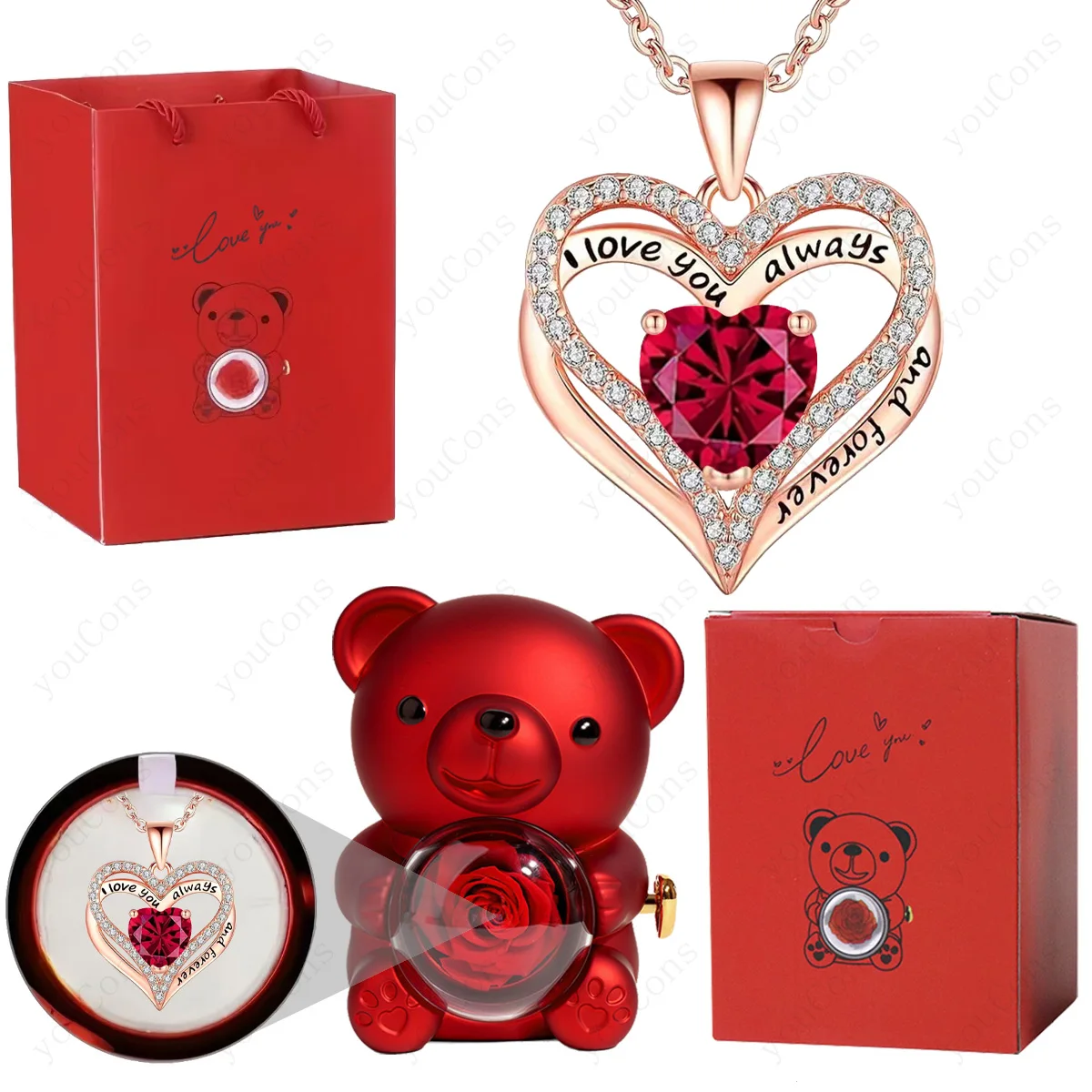 Red Heart Pendant Necklaces With Cute Bear Rose Gift Box For Women Mother Day 2026 Christmas Valentine Wedding Birthday Jewelry