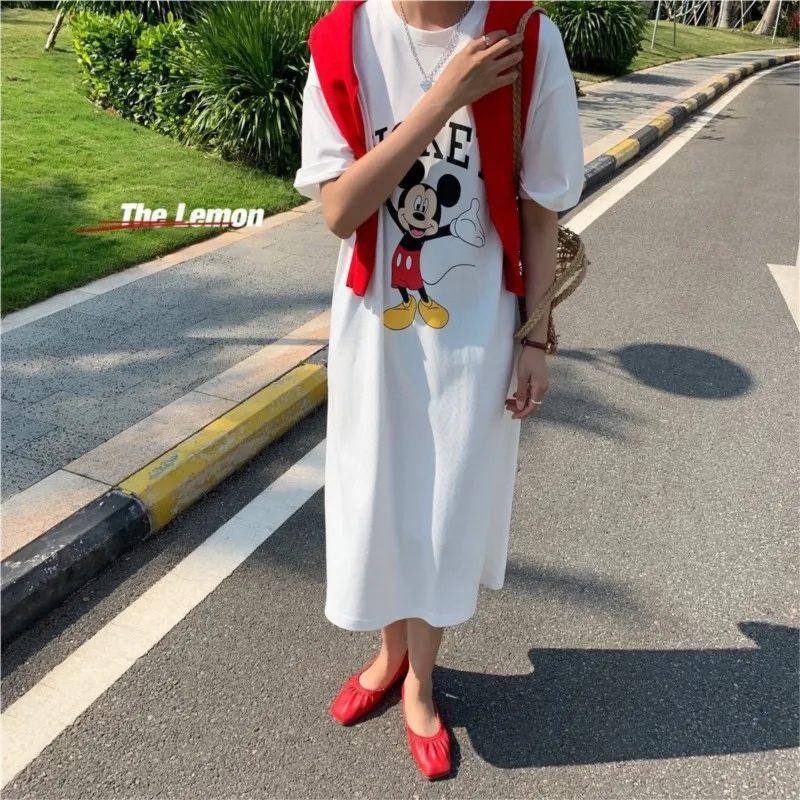 Korean Designer Brand Trend Summer New Women Dress Mickey Cartoon Loose Short-sleeved Over-the-knee Long T-shirt fashion Skirt