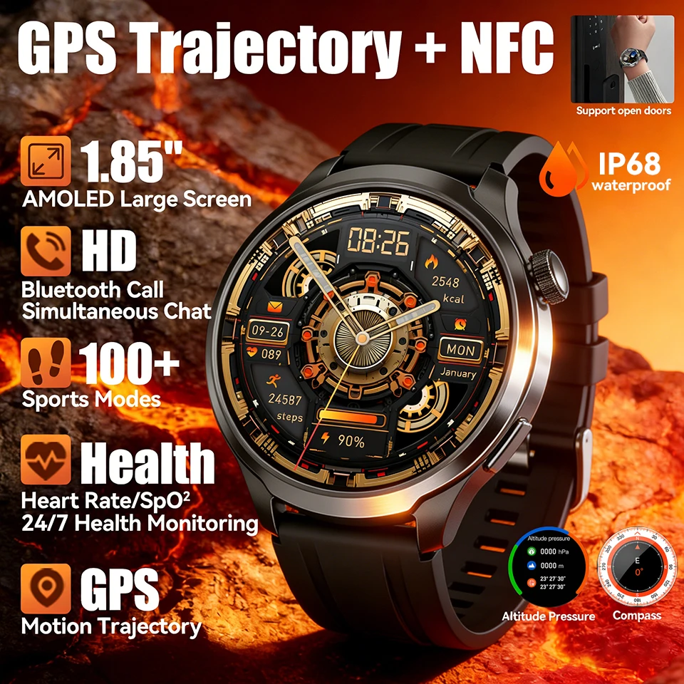 

Новые GPS-часы для спорта и активного отдыха с большим AMOLED-экраном 1.85 дюйма, компасом, барометром, альтиметром, водонепроницаемостью IP68, умные часы для мужчин.