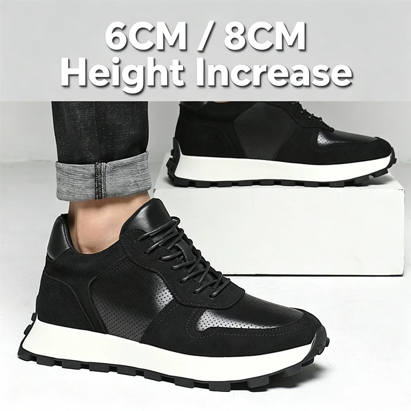 Genuine Suede Leather Men Hidden Height Increase Sneakers 6CM 8CM Elevator Breathable Non Slip Daily Fashion Casual Shoes