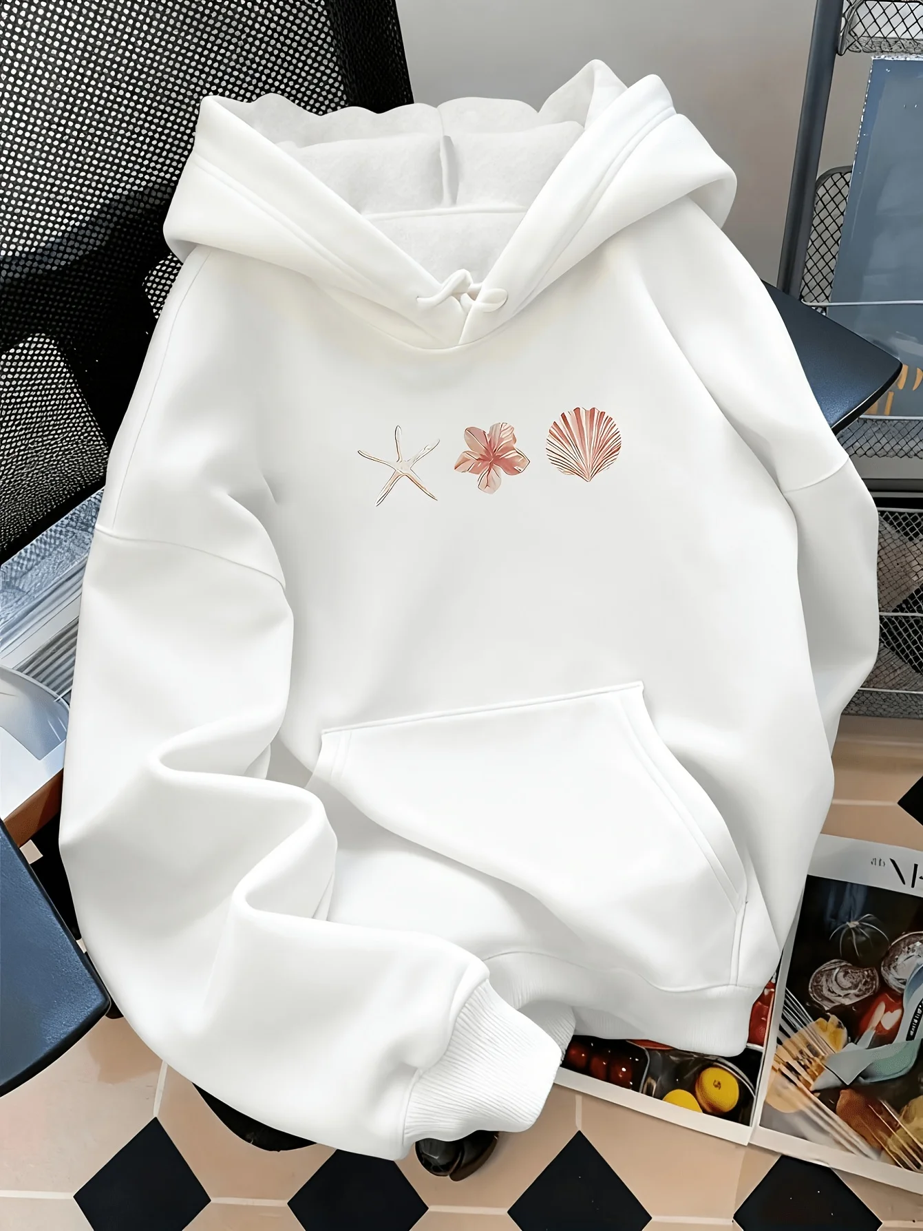 Starfish Shell Print Hooded Pocket Women'S Casual Fleece Sweatshirt