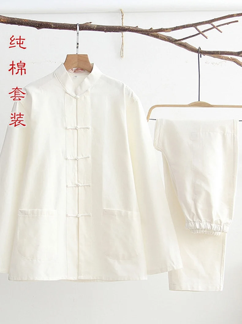 Men's Pure White Rustic Cotton Tang Suit, Dragon Pattern Hanfu Two-Piece Pajama Set for Spring/Autumn Home Wear
