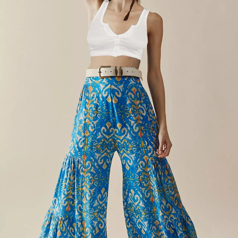 Floral Digital Printing Women's Rope Belt Casual Wide Leg Pants Beach Vacation Bell-Bottom Pants Womens Loose Pants Dropshipping