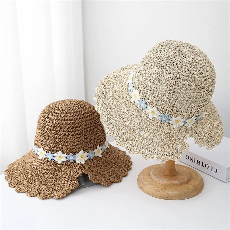 Women's Summer Flower-Embroidered Crochet Straw Bucket Hat -Foldable UV Protection Panama Sun Hat for Beach & Travel