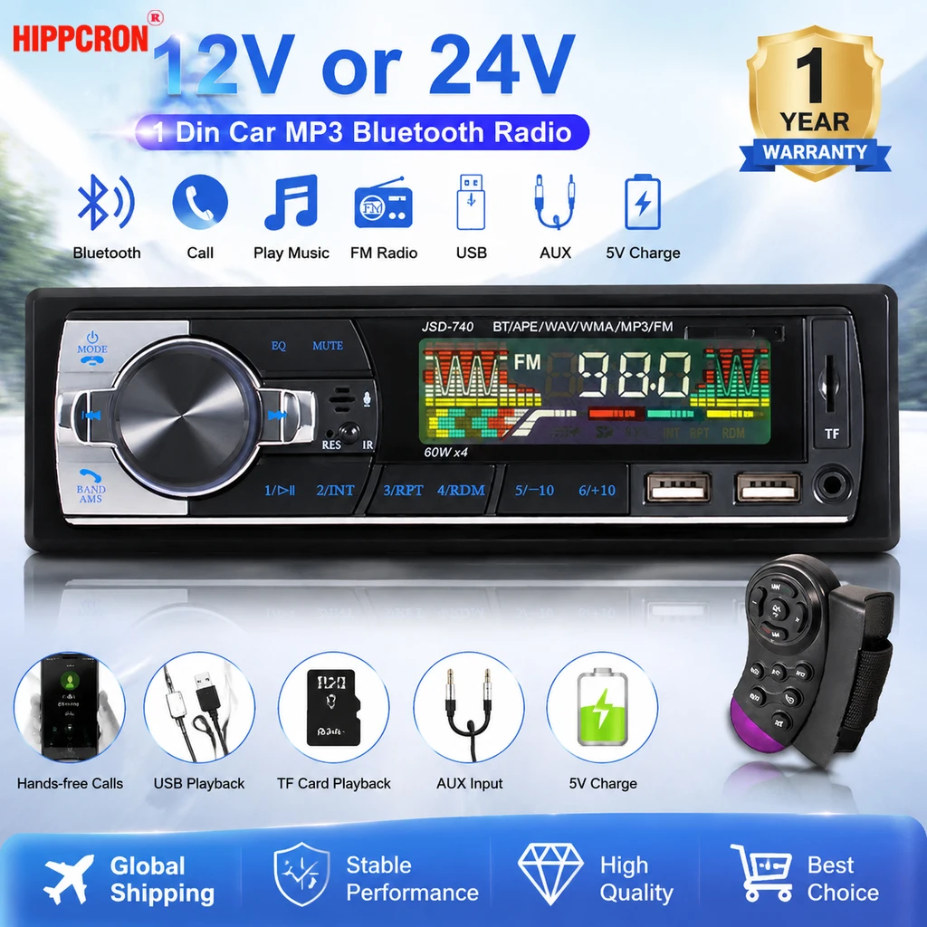 HIPPCRON Car Radio 1DIN Audio Bluetooth5.1 Stereo MP3 Player FM Receiver With Remote Control AUX/USB/TF Card In Dash Kit 12V&24V