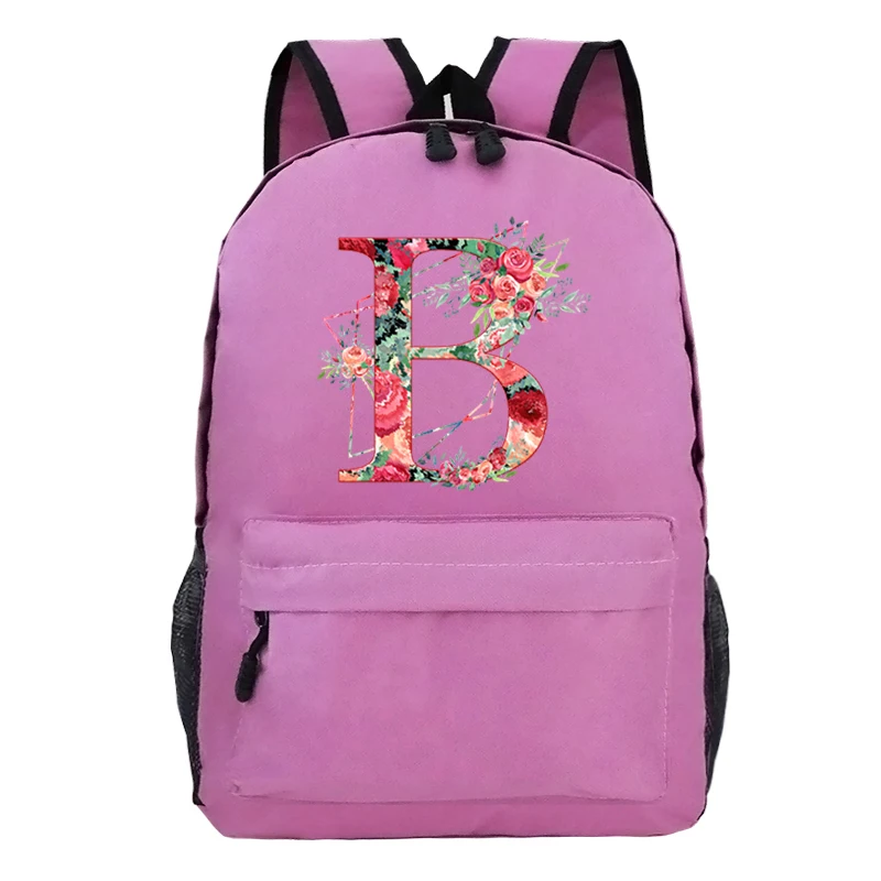 Colorful A-Z 26 Alphabet Flower School Bags for Girls Large Capacity Travel Mochila Feminina Creative Alphabet Floral Bag Pack