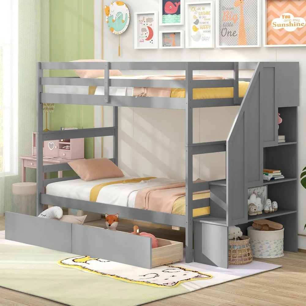 

Bunk Bed with Storage Stairs & Drawers, Solid Wood Bunk Bed with Full-Length Guardrails, Convertible to 2 Beds