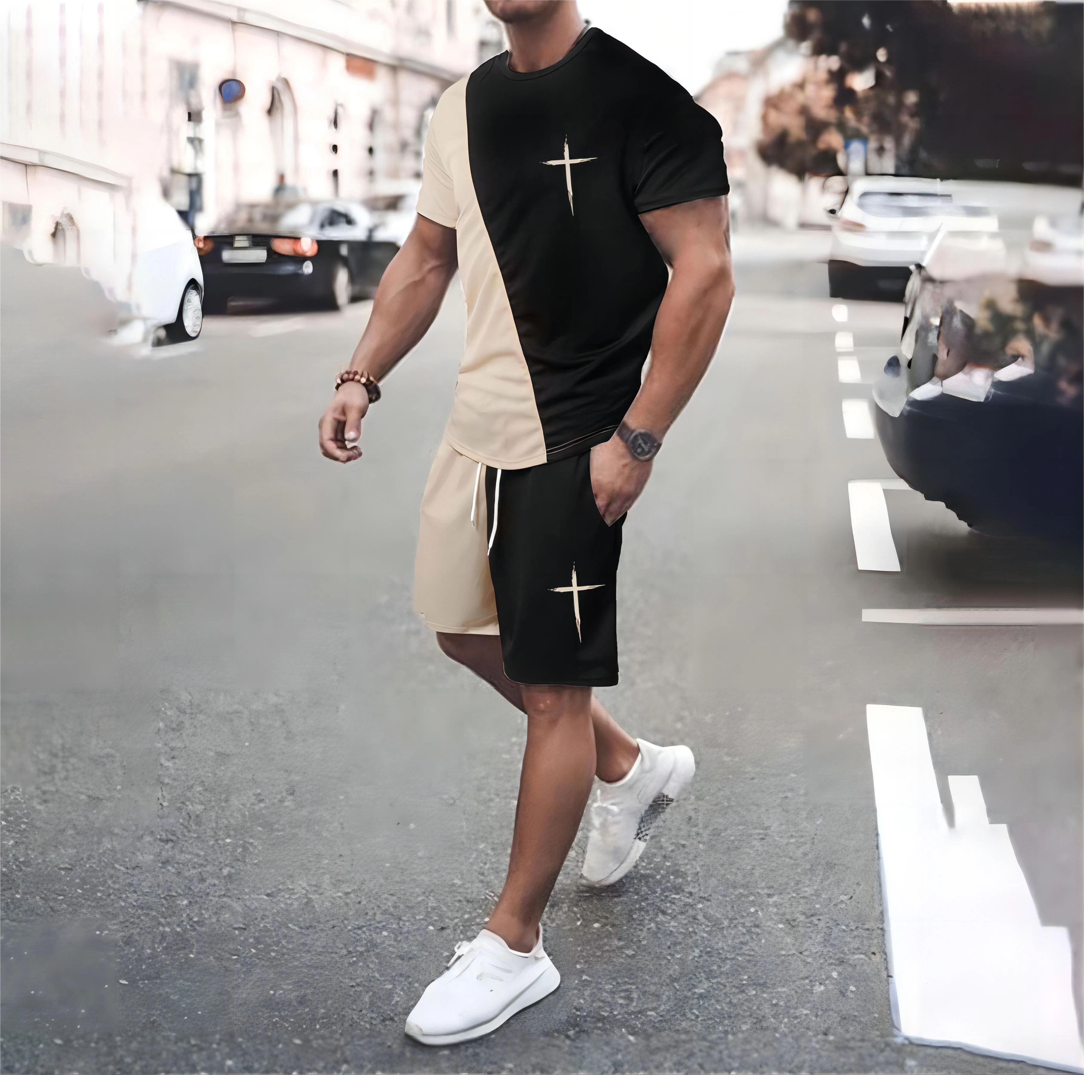

Men's T-shirt with letters Never Give 3D printing casual short-sleeved T-shirt shorts men's T-shirt clothing suit outdoor street