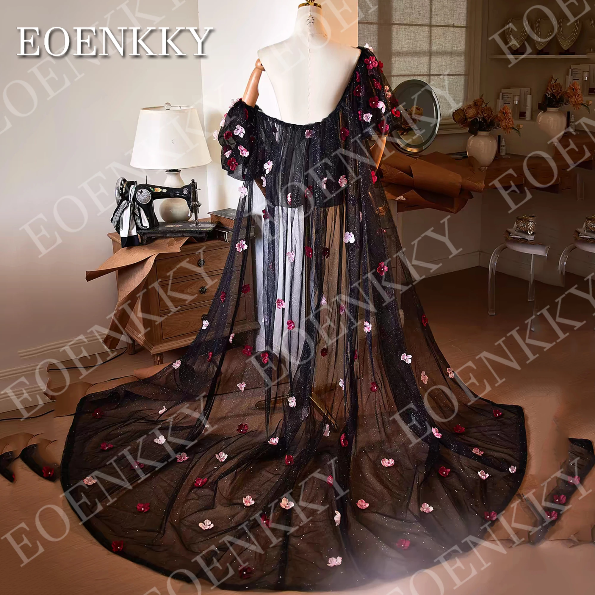 EOENKKY Black Glitter Tulle Wedding Cape with 3D Floral Romantic Puff Sleeve Sparkly Bridal Shawl for Evening Party Customized