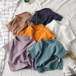 2023 Cotton Linen Baby Boy T Shirts Summer Toddler Comfortable Girls Tops Children Clothing Kids Button Tees 140CM Height