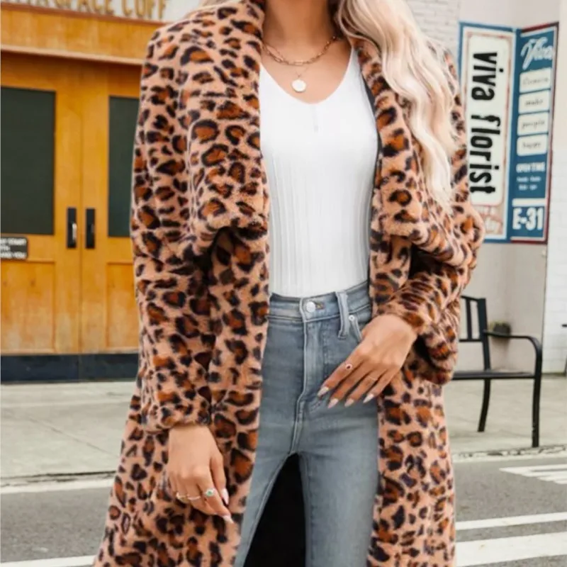 2026年春 レディース フェイクフォックスファー レオパード柄トップス 厚手 暖かいジャケット ロング丈 カーディガンコート ファーふわふわ ロングコート ジャケット アウターウェア