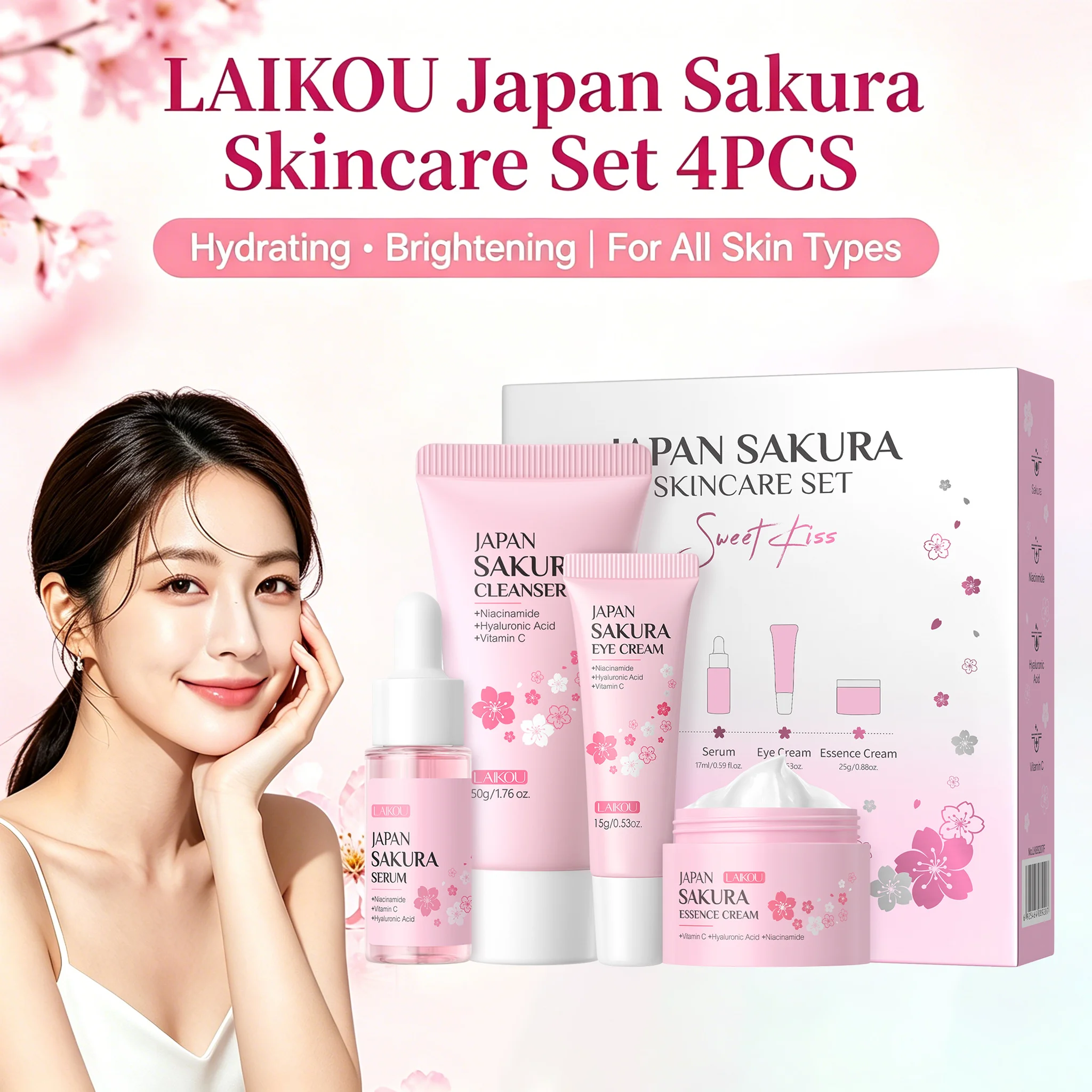 LAIKOU Japanese Sakura Hydrating Brightening 4PCS Skincare Set For All Skin Types Cleanser Serum Eye Cream Face Cream