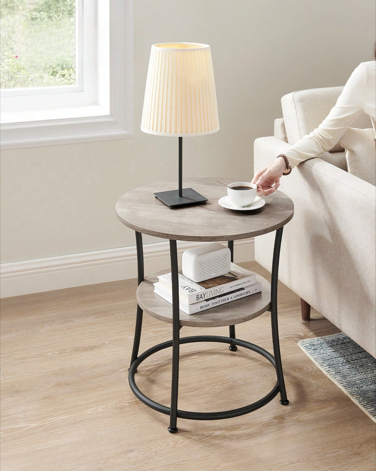 

Side Table, Round End Table With 2 Storage Shelves For Living Room, Bedroom, Nightstand With Steel Frame For Small Spaces, Accent Coffee Table, Natural Beige