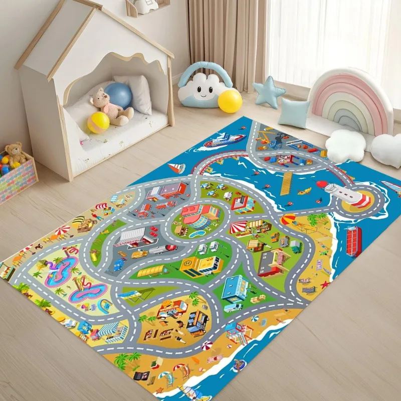 Transportation Road Print Carpet Children's Crawling Mat Interactive Educational Learning Floormat Soft Non-Slip Home Decor Rug